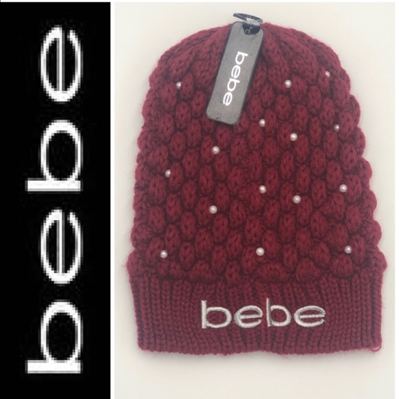 bebe Red Knit Logo Beanie With Faux Pearl Accents - Picture 6 of 6